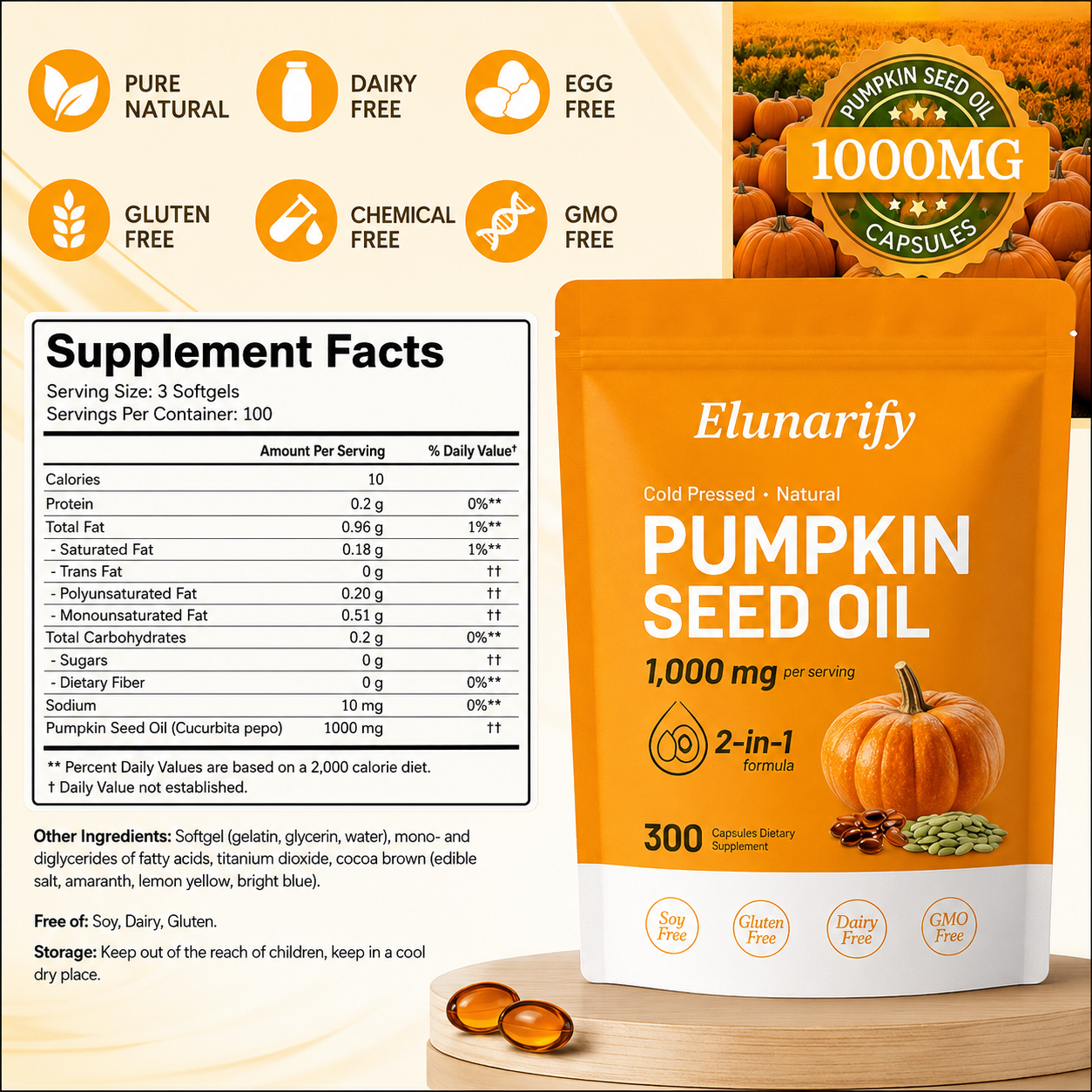 Elunarify Pumpkin Seed Oil 1000mg – 300 Softgel Capsules | Cold-Pressed Virgin Oil for Hair, Prostate & Immune Support