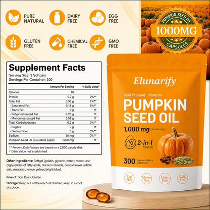 Elunarify Pumpkin Seed Oil 1000mg – 300 Softgel Capsules | Cold-Pressed Virgin Oil for Hair, Prostate & Immune Support