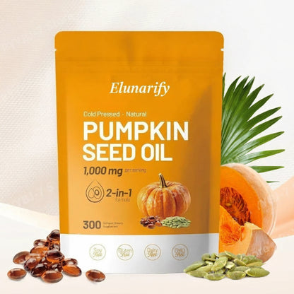 Elunarify Pumpkin Seed Oil 1000mg – 300 Softgel Capsules | Cold-Pressed Virgin Oil for Hair, Prostate & Immune Support