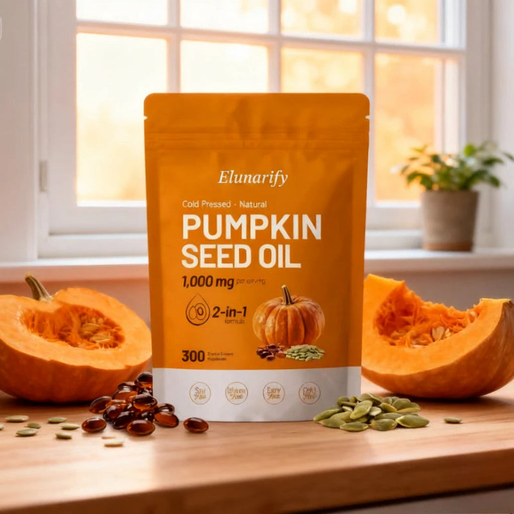 Elunarify Pumpkin Seed Oil 1000mg – 300 Softgel Capsules | Cold-Pressed Virgin Oil for Hair, Prostate & Immune Support