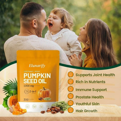 Elunarify Pumpkin Seed Oil 1000mg – 300 Softgel Capsules | Cold-Pressed Virgin Oil for Hair, Prostate & Immune Support