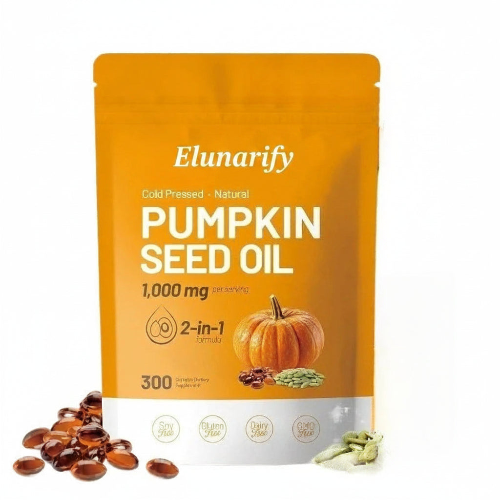 Elunarify Pumpkin Seed Oil 1000mg – 300 Softgel Capsules | Cold-Pressed Virgin Oil for Hair, Prostate & Immune Support