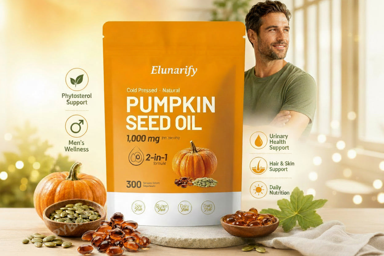 Elunarify Pumpkin Seed Oil 1000mg – 300 Softgel Capsules | Cold-Pressed Virgin Oil for Hair, Prostate & Immune Support