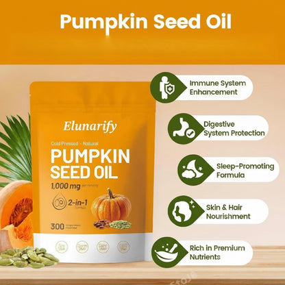 Elunarify Pumpkin Seed Oil 1000mg – 300 Softgel Capsules | Cold-Pressed Virgin Oil for Hair, Prostate & Immune Support